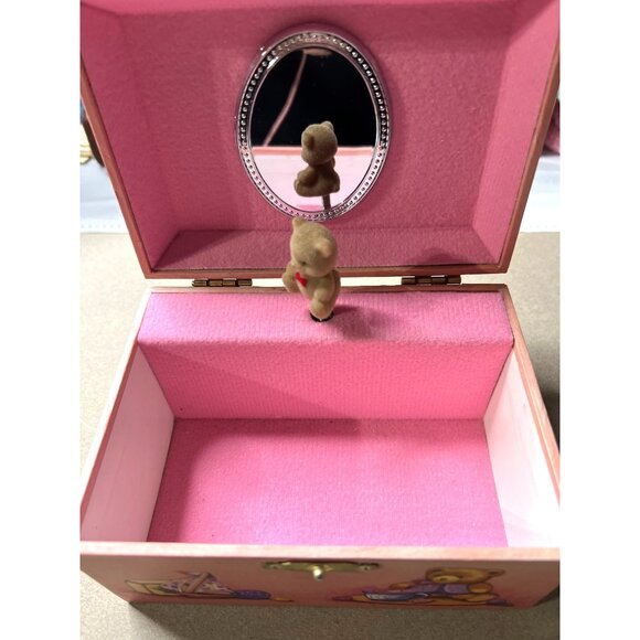 Vintage Pink Teddy Bear Musical Jewelry Box With Mirror & Rotating Bear Figurine - Picture 4 of 5